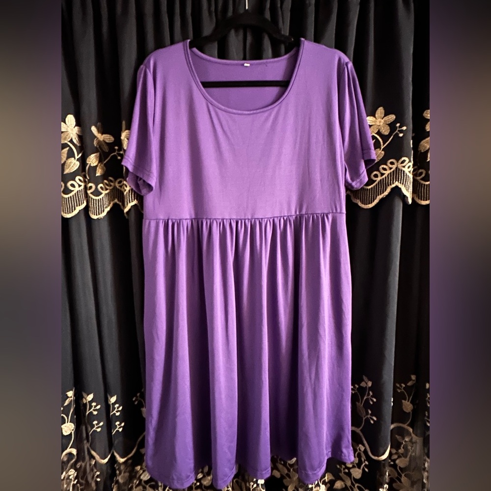 Purple Babydoll Midi Dress with Puff Sleeves w/Pockets!